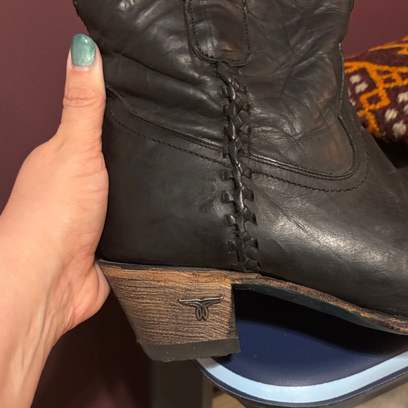 Women's Black Leather Western Ankle Boots with Braided Trim - Picture 3 of 4